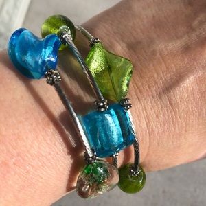 Green/blue Glass bead memory wire wrap bracelet